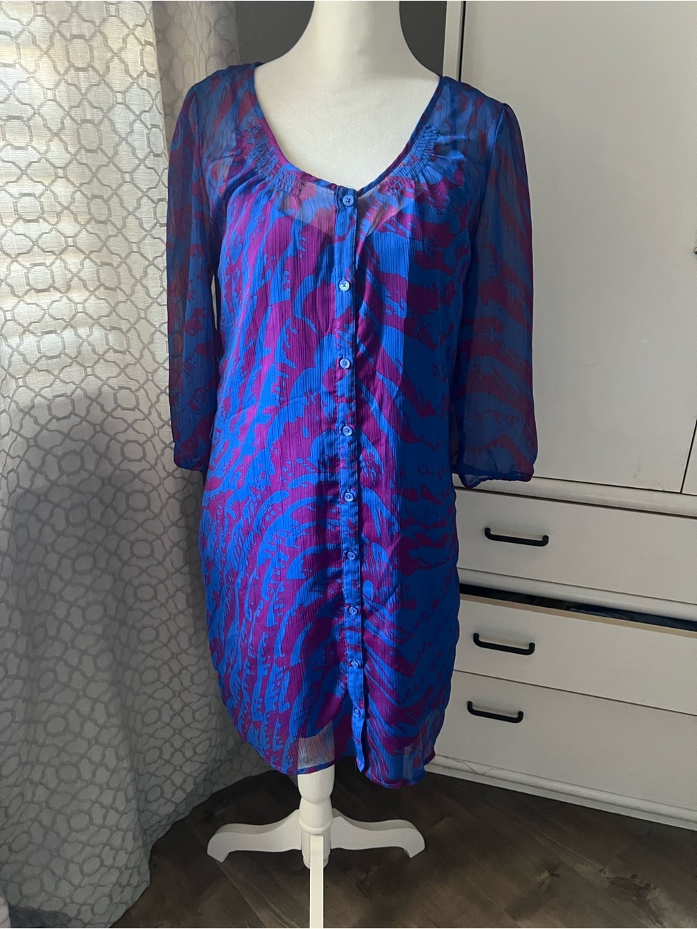Express Sheer Blue & Purple Button-Front Mini Dress